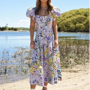 Jessie Zhao New York - Purple Garden Scoop Neck Cotton Midi Dress - Size 8